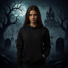 Moonlit Graveyard with Woman Young Woman in Black Hoodie Full Moon Skeletal Trees Haunted House Flying Bats Tombstones Spooky Atmospheric Scene