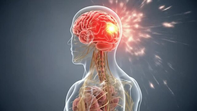 Medical illustration of a human head and neck, highlighting a brain with intense red discoloration and radiating energy bursts, suggesting possible intracranial pressure or traumatic brain injury.