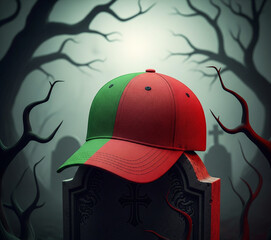 Eerie Halloween Cap on Tombstone Half Red Half Green Baseball Cap on Weathered Tombstone Skeletal Trees Silhouette Ethereal Sky Haunted Mysterious Atmosphere