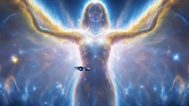 A captivating video of a figure, possibly a deity or celestial being, radiating ethereal light against a backdrop of a nebula or cosmic space.