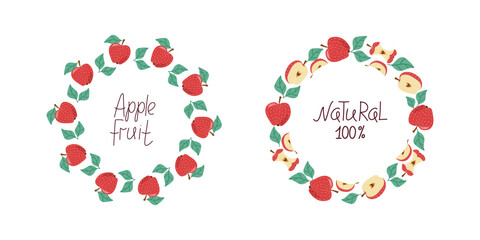 Banner apples, whole and halves of fruits. Natural food, harvest, natural background. Set of round frames with hand lettering. Doodles, colorful icons, illustration.