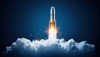 Rocket Launch on Dark Blue Background, Isolated Image for Startup and Space Themes