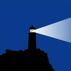 Nighttime Lighthouse Silhouette: Dramatic Coastal Beacon, Guiding Light, Hopeful Mood, Vector Illustration.