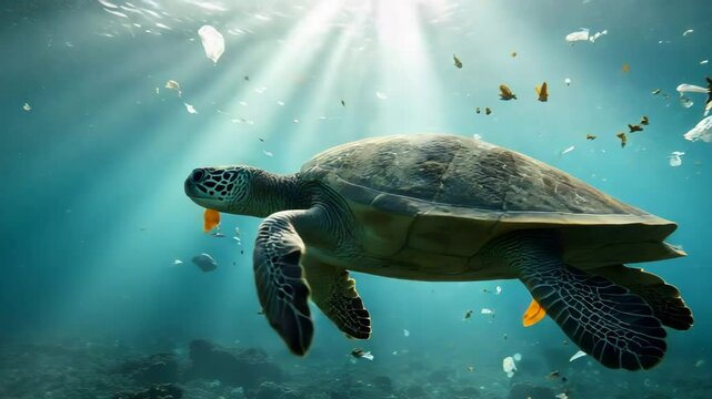 Ocean Turtle in Sunlight: A majestic sea turtle glides gracefully through the ocean depths, its ancient shell and flippers catching the dappled sunlight filtering down from above, creating a magical.