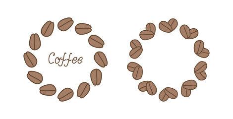 Round frame, banner. Coffee beans, heart shape. Inscription, sign. International Coffee Day. Vector graphics. Flat illustration on white isolated background. Background with place for text.