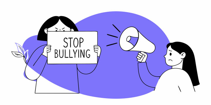 Women holding "Stop Bullying" sign and megaphone, minimal flat style illustration representing anti-bullying awareness and social support