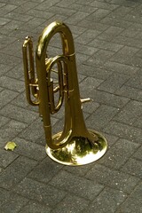 Shiny brass mellophone lying on cobblestone street