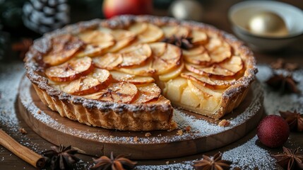 Apple tart with cut slice on wood board, decorated with spice and powdered sugar, festive background