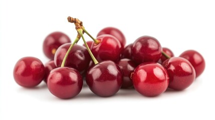 Cherry isolated. Fresh ripe cherries with leaves isolated on a white background.Sweet cherries pile. Berries and fruits. Vegan. Healthy eating.