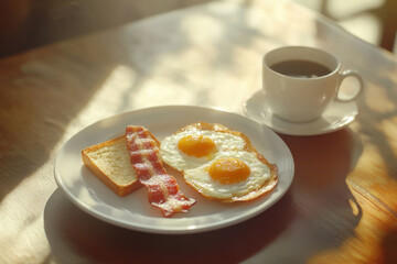 Homemade American breakfast. Fried eggs with bacon and toast, a cup of coffee on a wooden table. Healthy breakfast. The concept of healthy eating. Morning Sunlight