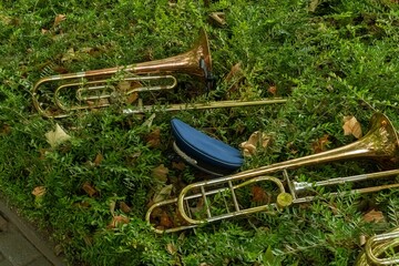 Trombones and musician's cap lying on green bushes