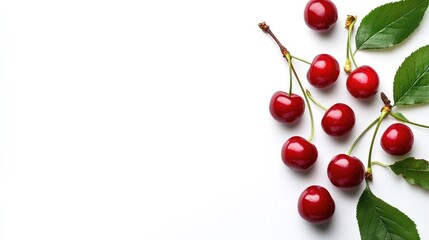 Some cherries with leaf and cut closeup isolated on white background