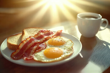 Homemade American breakfast. Fried eggs with bacon and toast, a cup of coffee on a wooden table. Healthy breakfast. The concept of healthy eating. Morning Sunlight