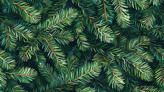 Fir leaf with realistic Christmas tree green branches texture background. Shades of green Christmas tree closeup. Balsam fir glowing, pine leaf texture evergreen foliage. Fir tree branches background 