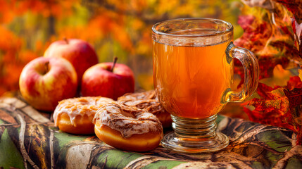Cozy autumn scene with warm apple cider, baked goods, and fresh apples on a fall-themed tablecloth