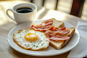 Homemade American breakfast. Fried eggs with bacon and toast, a cup of coffee on a wooden table. Healthy breakfast. The concept of healthy eating. Morning Sunlight