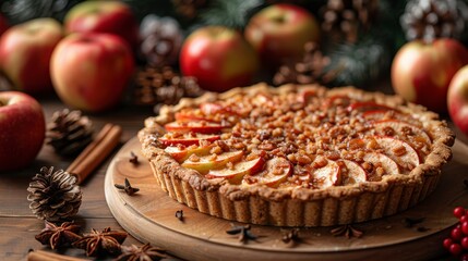 Apple tart with holiday decor. Rustic wooden table, apples, pine cones, cinnamon and star anise. Festive!