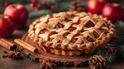Apple pie with lattice crust, surrounded by red apples, cinnamon sticks, and pinecones on wood