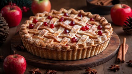 Lattice-topped apple pie with cranberries, on wood tray. Holiday decor background.