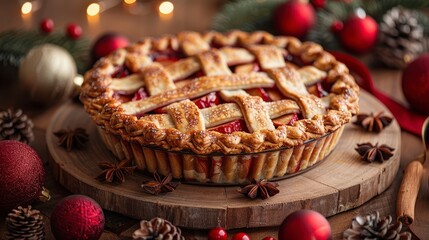 Lattice-topped pie on wood. Festive ornaments surround