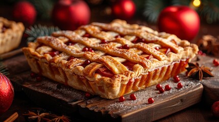 Square apple pie with lattice crust on wood block, festive Christmas setting
