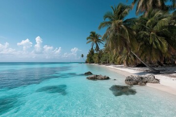 Fototapeta premium Tropical beach paradise with clear blue water and lush palm trees under a sunny sky
