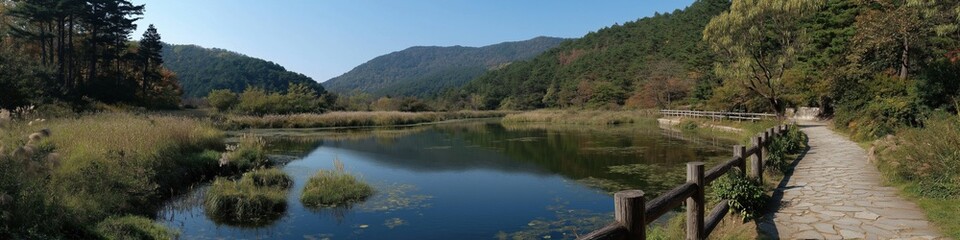 Serene autumn landscape with tranquil lake and scenic mountain view