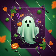 Vibrant Whimsical Halloween Graphic Floating Ghost Purple Green Gradient Background Green Light Streaks Jack o Lanterns Leaves Bats Witchs Hat Boo Text