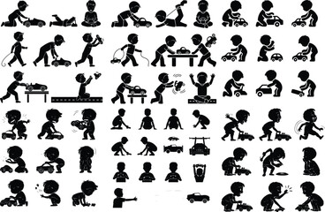 Toddler Playing with Toy Car Icon – Childhood Silhouette Pack Boy with Toy Car Silhouette Set – Cute Kids Playing Vector Icons