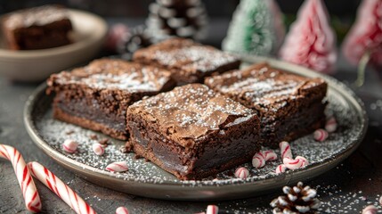 Festive plate of chocolate brownies dusted with sugar; holiday candies and pine trees around