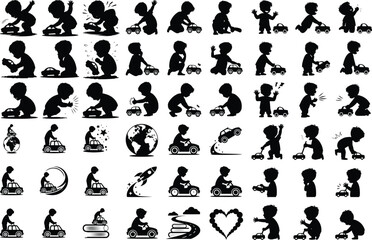 Toddler Playing with Toy Car Icon – Childhood Silhouette Pack Boy with Toy Car Silhouette Set – Cute Kids Playing Vector Icons