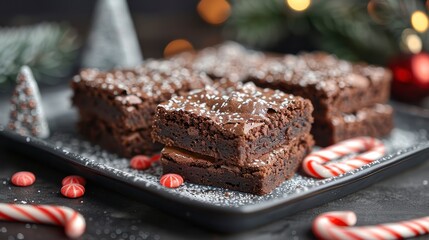 Festive, gooey brownies, dusted with sugar, are arranged on a dark plate with seasonal decor