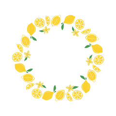 Banner, round frame of lemons, whole and halves of fruits, flowers, leaves. Natural food, citrus. Summer, natural background. Background with place for text.