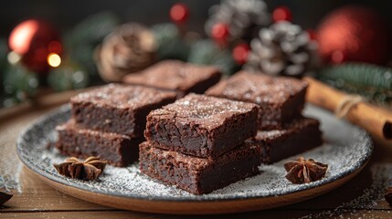 Brownies with powdered sugar on plate, holiday background