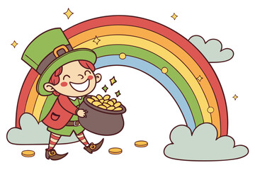 a cheerful leprechaun holding a pot of gold coins, surrounded by a vibrant rainbow, clouds, and gold coins, colorful and whimsical digital illustration, highly detailed, sharp focus, warm colors
