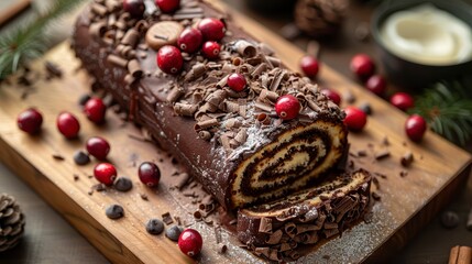 Chocolate cake roll with cranberries and shavings, sliced on a wooden board, festive background