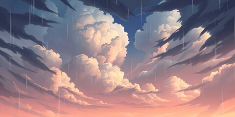 Dramatic Sky with Rain and Fluffy Clouds at Sunrise or Sunset.