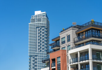 Top of modern apartment building with balcony, trees and beautiful landscape in Vancouver, Canada,...