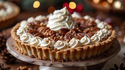 A pecan pie atop a pedestal, garnished with whipped cream swirls, nestled in winter decor