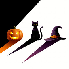 Vibrant Halloween Graphic Jack o Lantern Black Cat Purple Witchs Hat Diagonal Black White Background Dramatic Shadows High Contrast Holiday Design