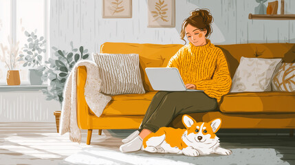 Calm morning with woman in sweater using laptop on sofa and loyal dog lying peacefully nearby focused work, pet-friendly home, smart working, comfortable lifestyle, warm tones, ind