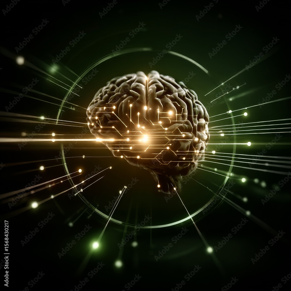 Poster artificial intelligence conceptualization: the illuminated brain with glowing connections