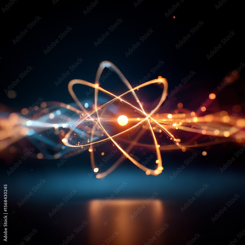 Poster atom structure with glowing orbits and energy particles on dark background, scientific visualization