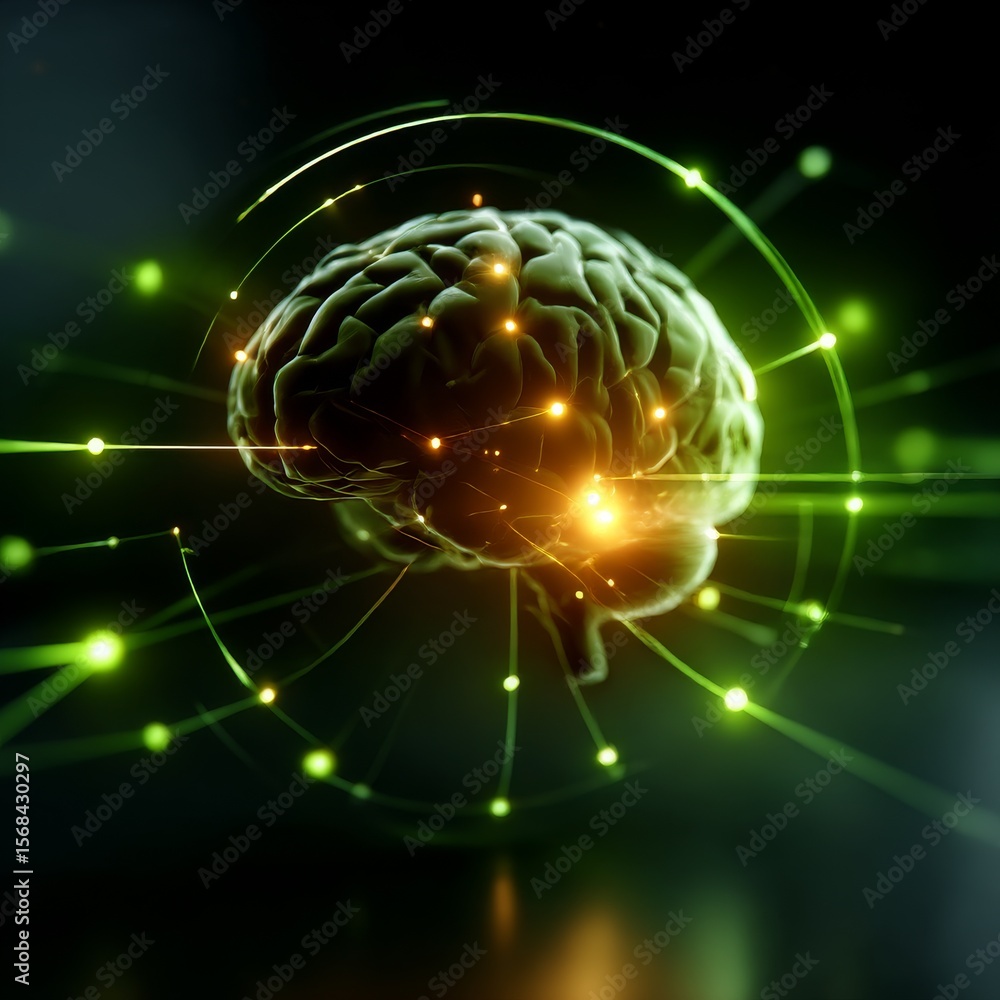 Aufkleber Brain Connections: Abstract Neural Network with Glowing Nodes and Green Circuitry, Illustrating Intelligence