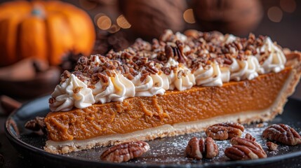 Pumpkin pie slice topped with whipped cream & pecans on black plate, bokeh backdrop