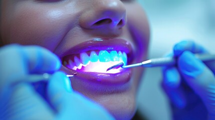 Mouth during teeth whitening process with blue light and metal tools