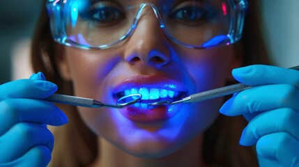 Dental patient under bright blue light with dental tools