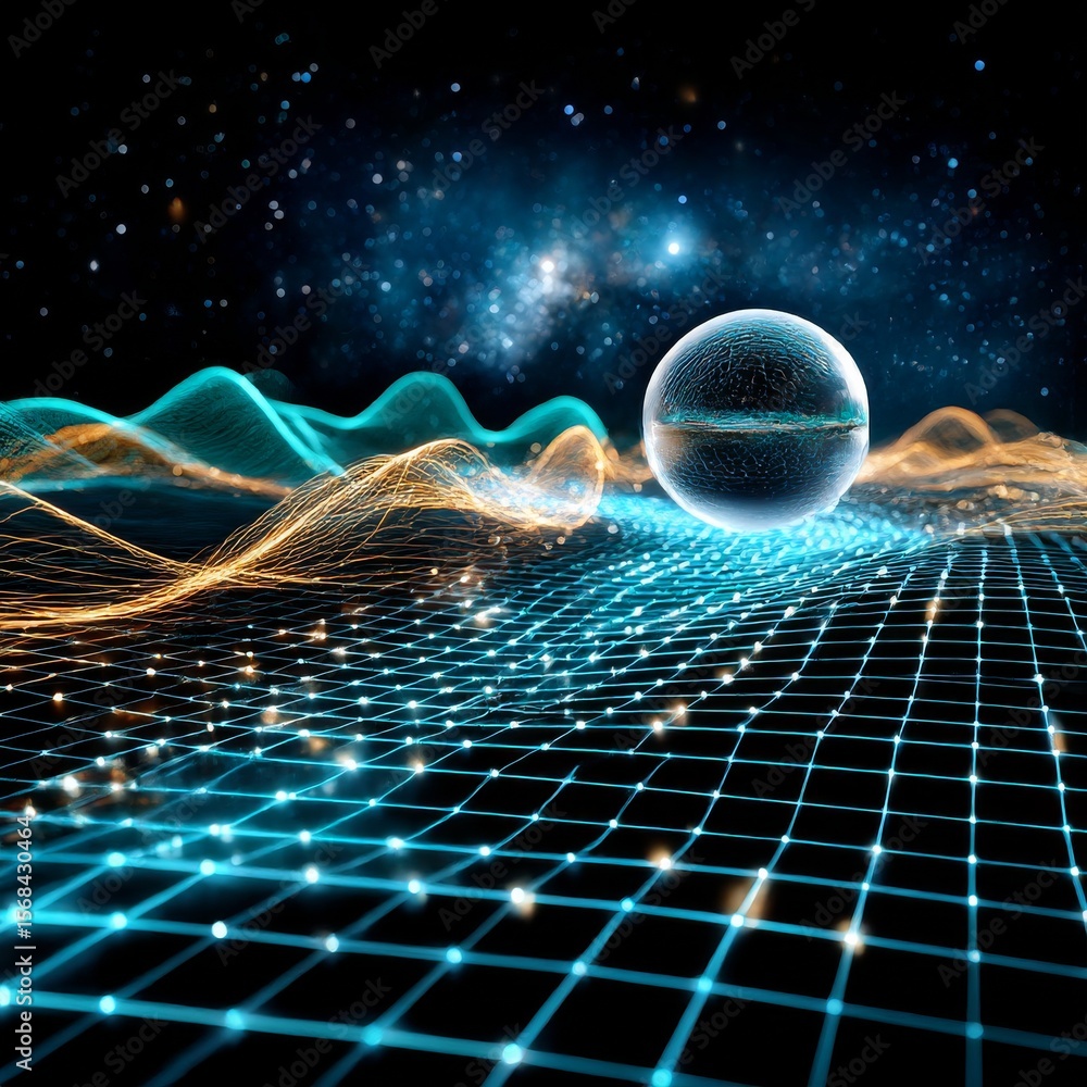 Poster Cosmic Grid: An Abstract Representation of Space-Time with a Central Orb and Energetic Waves