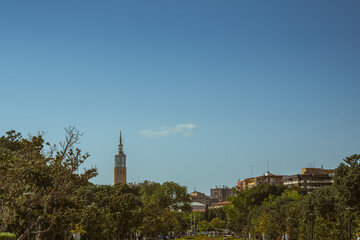 Old Feria de Muestras (trade exhibition) tower in Zaragoza, Aragon, Spain. Picture taken from park...
