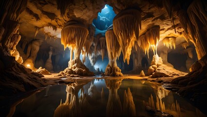 Explore the stunning cave formations stalactites stalagmites cavern water reflections natural wonder